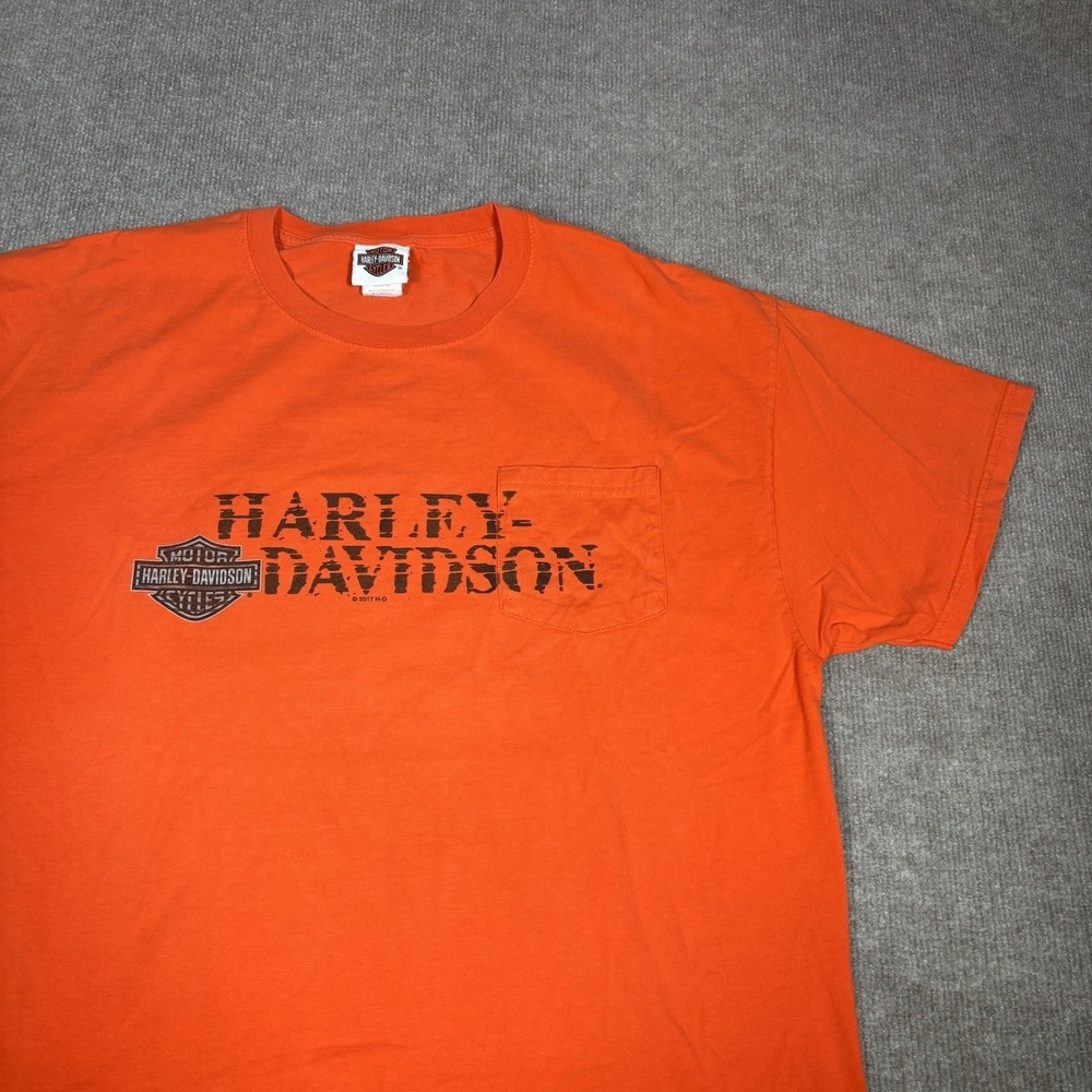 Harley Davidson‎ T Shirt Mens XL Short Sleeve Orange Zips Mackinaw City Michigan